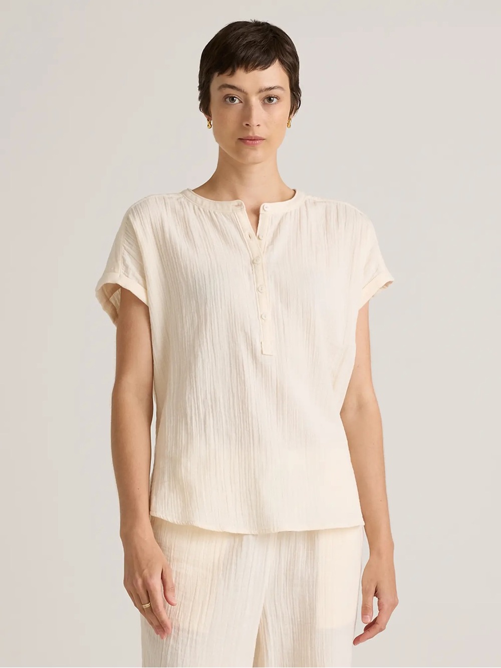 NWT Quince 100% Organic Cotton Gauze Roll Sleeve Shirt XS Vintage Cream